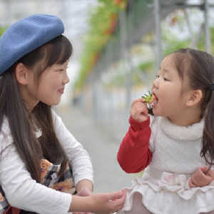 いちごを食べさせている子供の写真